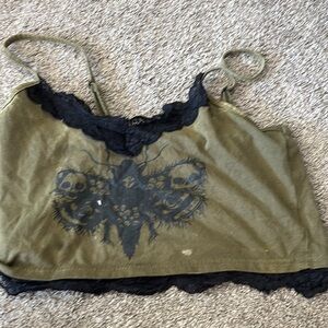 Olive Green Crop Top with Black Lace Trim